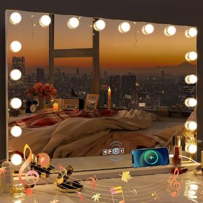 Misavanity Vanity Mirror with Lights and Bluetooth Speaker，31.40’’ x 23.40’’Lighted Hollywood Mirror with 18 LED Dimmable Bulbs 3 Lighting Modes, USB Charging Port and 10X Magnification White