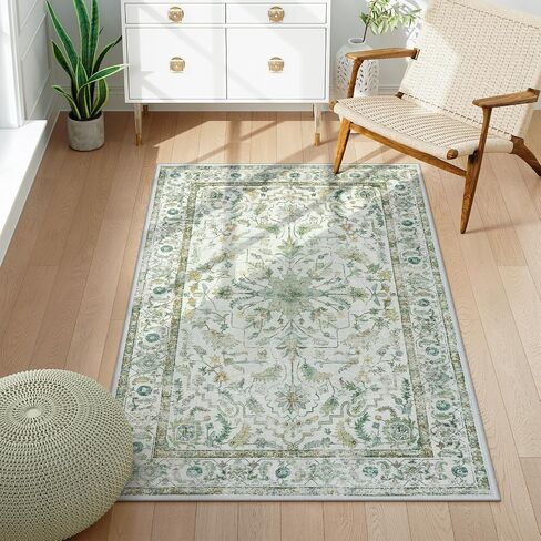 LIVEBOX 3x5 Area Rug, Non-Slip Machine Washable Rug, Sage Green Retro Kitchen Area Rugs Lightweight Floral Vintage Boho Rug for Entryway Bathroom Living Room in Saudi Arabia