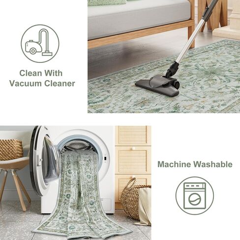 LIVEBOX 3x5 Area Rug, Non-Slip Machine Washable Rug, Sage Green Retro Kitchen Area Rugs Lightweight Floral Vintage Boho Rug for Entryway Bathroom Living Room in Saudi Arabia