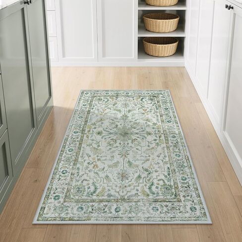 LIVEBOX 3x5 Area Rug, Non-Slip Machine Washable Rug, Sage Green Retro Kitchen Area Rugs Lightweight Floral Vintage Boho Rug for Entryway Bathroom Living Room in Saudi Arabia