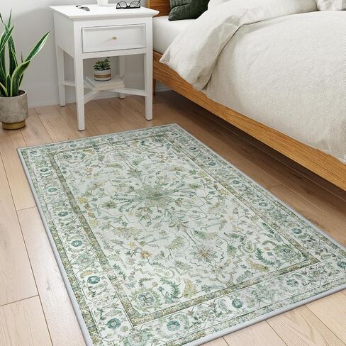 LIVEBOX 3x5 Area Rug, Non-Slip Machine Washable Rug, Sage Green Retro Kitchen Area Rugs Lightweight Floral Vintage Boho Rug for Entryway Bathroom Living Room in Saudi Arabia