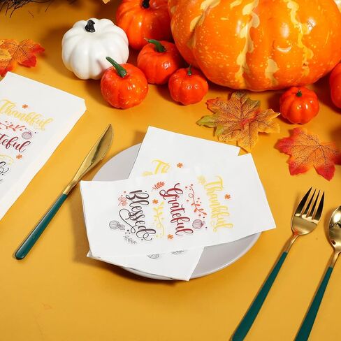 100 Packs Thanksgiving Napkins Thankful Grateful Blessed Decoration Napkins Fall Cocktail Beverage Hand Paper Towels for Thanksgiving Party Supplies Tableware Decor,16 x 13 Inches in Kuwait