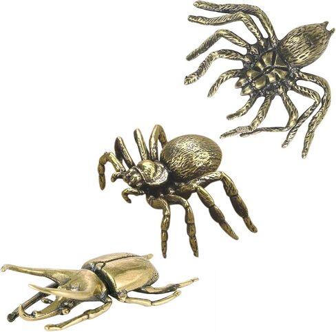 3Pcs Brass Spider & Beetle Statue, Solid Metal Animal Figurine Ornament, Small Spider & Beetle Sculpture for Home Office Garden Desktop Decor (Statue-03) in Saudi Arabia