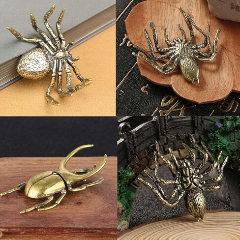 3Pcs Brass Spider & Beetle Statue, Solid Metal Animal Figurine Ornament, Small Spider & Beetle Sculpture for Home Office Garden Desktop Decor (Statue-03) in Saudi Arabia