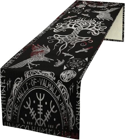 مفرش طاولة Viking Raven Tree of Life Vegvisir، حامل تلفزيون من الكتان، مفرش طاولة طويل للغاية لحفلات الزفاف وعطلات متعدد الألوان 13 × 36 بوصة in Saudi Arabia