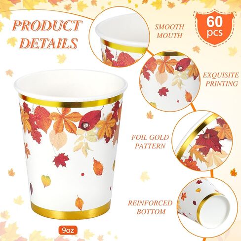 30 Pcs 9 oz Fall Disposable Paper Cups Autumn Coffee Cups Maple Leaves Foil Gold Cups for Thanksgiving Fall Holiday Picnic Harvest Wedding Party Decoration and Supplies in Kuwait