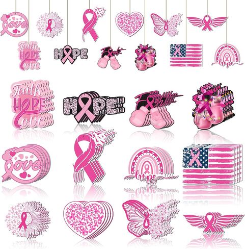 Sintuff 36 Pieces Breast Cancer Awareness Decorations Wooden Pink Ribbon Ornaments for Tree Pink Ribbon Party Hanging Decoration Wooden Pink Ribbon Decorations for Tree Breast Cancer Awareness Month in Saudi Arabia