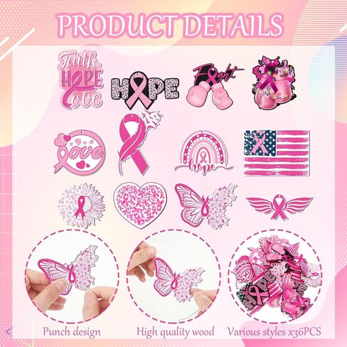 Sintuff 36 Pieces Breast Cancer Awareness Decorations Wooden Pink Ribbon Ornaments for Tree Pink Ribbon Party Hanging Decoration Wooden Pink Ribbon Decorations for Tree Breast Cancer Awareness Month in Saudi Arabia