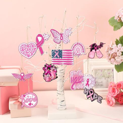 Sintuff 36 Pieces Breast Cancer Awareness Decorations Wooden Pink Ribbon Ornaments for Tree Pink Ribbon Party Hanging Decoration Wooden Pink Ribbon Decorations for Tree Breast Cancer Awareness Month in Saudi Arabia