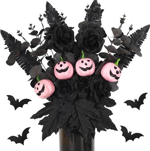 Whaline Halloween Artificial Flowers Pink Pumpkin Bunch with Black Maple Leaves Rose Fall Flowers for Autumn Fall Gothic Floral Arrangements Fall Party Table Centerpiece Decor Decoration for Home in Saudi Arabia