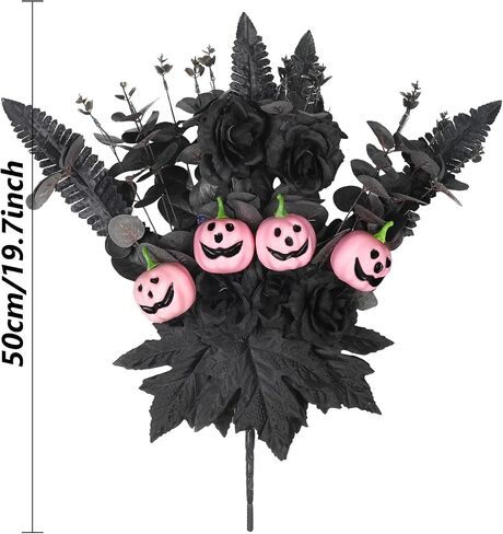 Whaline Halloween Artificial Flowers Pink Pumpkin Bunch with Black Maple Leaves Rose Fall Flowers for Autumn Fall Gothic Floral Arrangements Fall Party Table Centerpiece Decor Decoration for Home in Saudi Arabia
