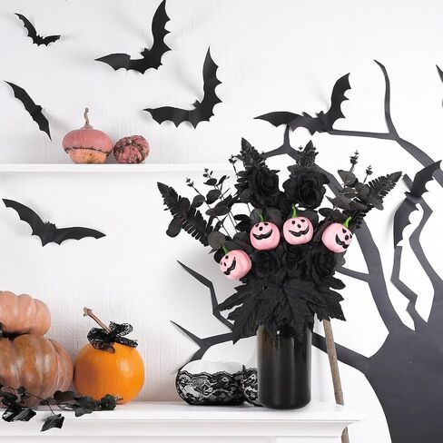 Whaline Halloween Artificial Flowers Pink Pumpkin Bunch with Black Maple Leaves Rose Fall Flowers for Autumn Fall Gothic Floral Arrangements Fall Party Table Centerpiece Decor Decoration for Home in Saudi Arabia