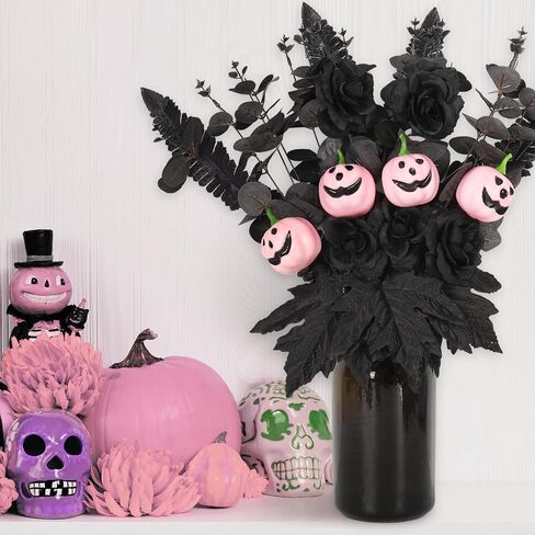 Whaline Halloween Artificial Flowers Pink Pumpkin Bunch with Black Maple Leaves Rose Fall Flowers for Autumn Fall Gothic Floral Arrangements Fall Party Table Centerpiece Decor Decoration for Home in Saudi Arabia