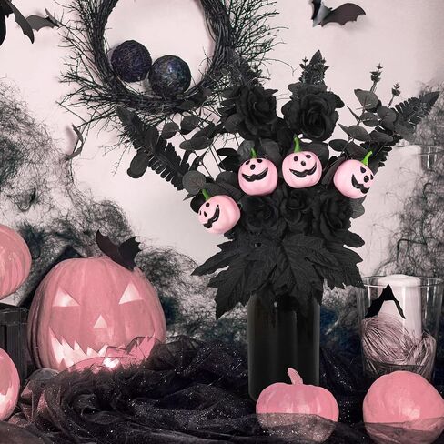 Whaline Halloween Artificial Flowers Pink Pumpkin Bunch with Black Maple Leaves Rose Fall Flowers for Autumn Fall Gothic Floral Arrangements Fall Party Table Centerpiece Decor Decoration for Home in Saudi Arabia