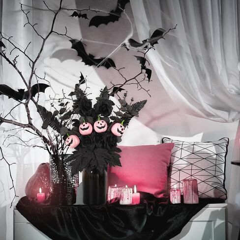 Whaline Halloween Artificial Flowers Pink Pumpkin Bunch with Black Maple Leaves Rose Fall Flowers for Autumn Fall Gothic Floral Arrangements Fall Party Table Centerpiece Decor Decoration for Home in Saudi Arabia