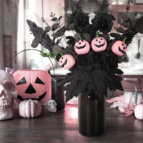 Whaline Halloween Artificial Flowers Pink Pumpkin Bunch with Black Maple Leaves Rose Fall Flowers for Autumn Fall Gothic Floral Arrangements Fall Party Table Centerpiece Decor Decoration for Home in Saudi Arabia