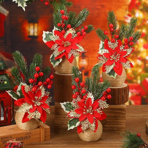 Zeyune عيد الميلاد البونسيتة زهور عيد الميلاد الاصطناعية الزهور الحمراء الجدول الأعلى كوز الصنوبر البونسيتة والتوت هولي ترتيبات زهرة الحرير في وعاء ديكور الخضرة عطلة عيد الميلاد ديكور المنزل (4 قطع) in Saudi Arabia