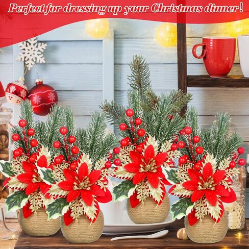 Zeyune عيد الميلاد البونسيتة زهور عيد الميلاد الاصطناعية الزهور الحمراء الجدول الأعلى كوز الصنوبر البونسيتة والتوت هولي ترتيبات زهرة الحرير في وعاء ديكور الخضرة عطلة عيد الميلاد ديكور المنزل (4 قطع) in Saudi Arabia
