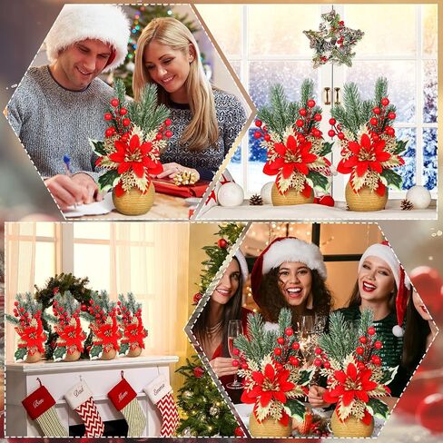 Zeyune عيد الميلاد البونسيتة زهور عيد الميلاد الاصطناعية الزهور الحمراء الجدول الأعلى كوز الصنوبر البونسيتة والتوت هولي ترتيبات زهرة الحرير في وعاء ديكور الخضرة عطلة عيد الميلاد ديكور المنزل (4 قطع) in Saudi Arabia