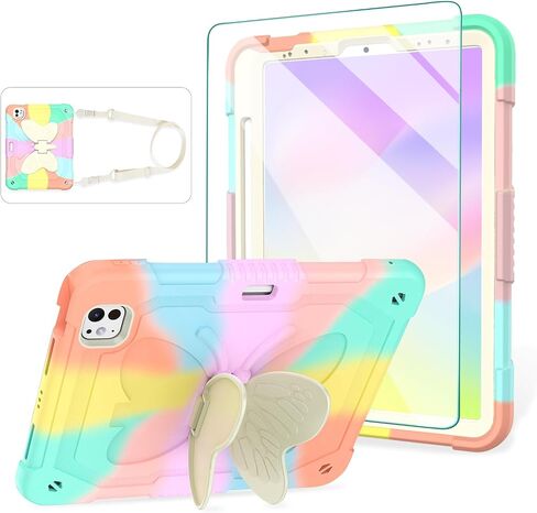 حافظة لجهاز iPad Air الجيل الخامس لجهاز iPad Pro 11 بوصة، حافظة الجيل الرابع والثالث للأطفال البنات مع واقي شاشة، مسند فراشة، حزام كتف، غطاء حامل قلم لجهاز iPad Air 4th Gen 10.9 بوصة أرجواني in Saudi Arabia