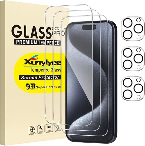 3 عبوات واقي شاشة لهاتف iPhone 15 Pro Max 6.7 بوصة + 3 عبوات واقي عدسة الكاميرا فيلم زجاجي مقسى in Kuwait
