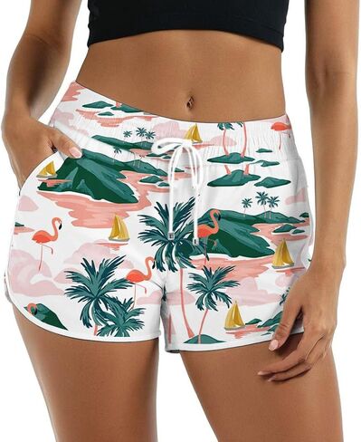 Cromoncent Women Beach Board Shorts,Summer Tropical Drawstring Shorts Hawaiian Swim Shorts for Women with Pockets in Kuwait
