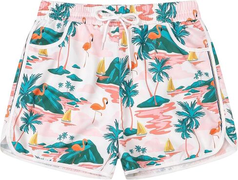 Cromoncent Women Beach Board Shorts,Summer Tropical Drawstring Shorts Hawaiian Swim Shorts for Women with Pockets in Kuwait