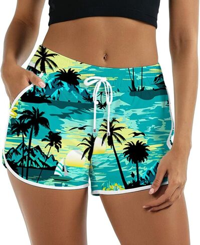 Cromoncent Women Beach Board Shorts,Summer Tropical Drawstring Shorts Hawaiian Swim Shorts for Women with Pockets in Kuwait