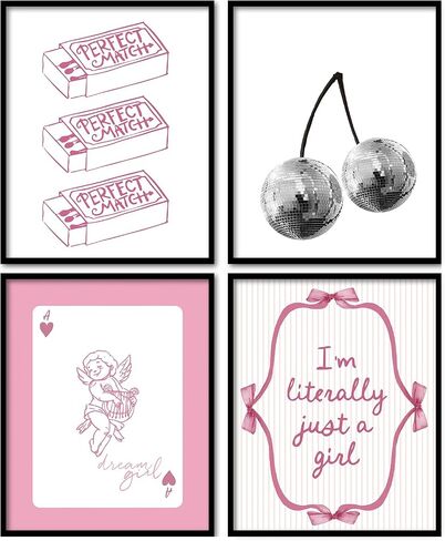 foedor Coquette Pink Bow Preppy Girly Wall Art Prints مجموعة من 4، ديكور غرفة Coquette Preppy، ديكور غرفة نوم جرلي، القوس الوردي العصري ديسكو كرة الكرز ملصقات ديكور الحائط للفتيات غرفة النوم، 8x10 غير مؤطرة in Saudi Arabia