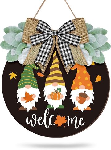 Whaline Fall Welcome Door Sign Gnome Hanging Door Decor Autumn Wooden Hanging Sign with Bow Thanksgiving Wooden Sign Rustic Farmhouse Wood Door Hanger for Thanksgiving Harvest Home Office Window Decor in Saudi Arabia