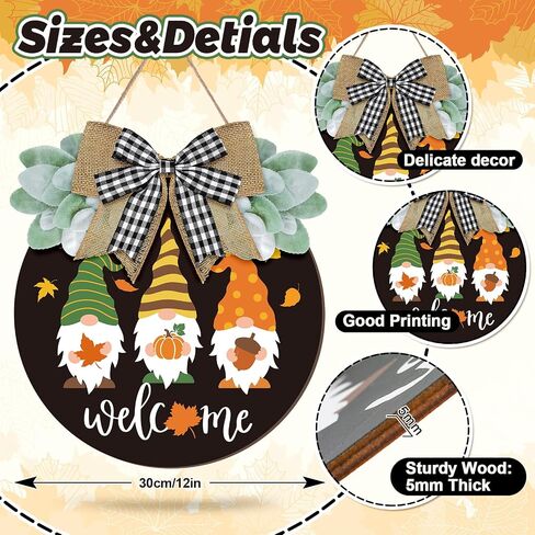 Whaline Fall Welcome Door Sign Gnome Hanging Door Decor Autumn Wooden Hanging Sign with Bow Thanksgiving Wooden Sign Rustic Farmhouse Wood Door Hanger for Thanksgiving Harvest Home Office Window Decor in Saudi Arabia