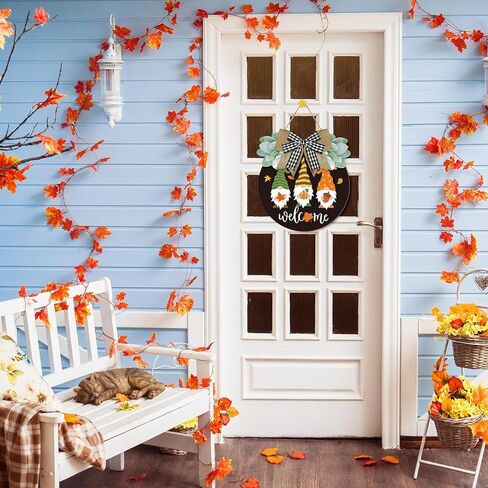 Whaline Fall Welcome Door Sign Gnome Hanging Door Decor Autumn Wooden Hanging Sign with Bow Thanksgiving Wooden Sign Rustic Farmhouse Wood Door Hanger for Thanksgiving Harvest Home Office Window Decor in Saudi Arabia