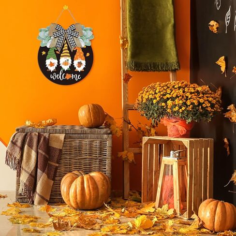 Whaline Fall Welcome Door Sign Gnome Hanging Door Decor Autumn Wooden Hanging Sign with Bow Thanksgiving Wooden Sign Rustic Farmhouse Wood Door Hanger for Thanksgiving Harvest Home Office Window Decor in Saudi Arabia