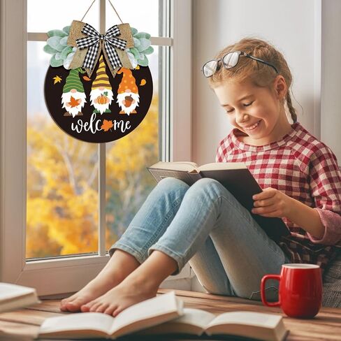 Whaline Fall Welcome Door Sign Gnome Hanging Door Decor Autumn Wooden Hanging Sign with Bow Thanksgiving Wooden Sign Rustic Farmhouse Wood Door Hanger for Thanksgiving Harvest Home Office Window Decor in Saudi Arabia