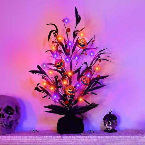 TURNMEON Timer 18" Halloween Tree Decoration with Purple Orange String Lights Total 6.5 Ft 20 LEDs 4 3D Glittered Pumpkin Berried Halloween Decoration Indoor for Fireplace Mantel in Saudi Arabia