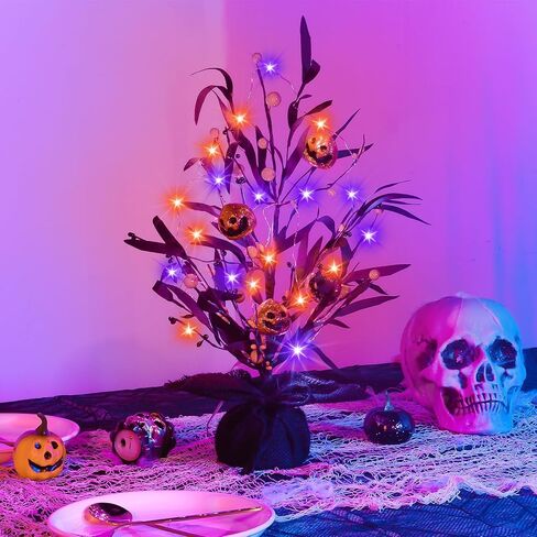 TURNMEON Timer 18" Halloween Tree Decoration with Purple Orange String Lights Total 6.5 Ft 20 LEDs 4 3D Glittered Pumpkin Berried Halloween Decoration Indoor for Fireplace Mantel in Saudi Arabia