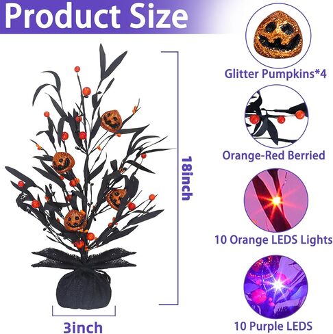 TURNMEON Timer 18" Halloween Tree Decoration with Purple Orange String Lights Total 6.5 Ft 20 LEDs 4 3D Glittered Pumpkin Berried Halloween Decoration Indoor for Fireplace Mantel in Saudi Arabia