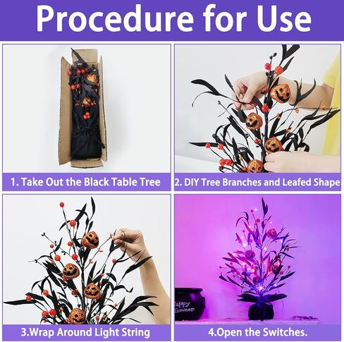 TURNMEON Timer 18" Halloween Tree Decoration with Purple Orange String Lights Total 6.5 Ft 20 LEDs 4 3D Glittered Pumpkin Berried Halloween Decoration Indoor for Fireplace Mantel in Saudi Arabia