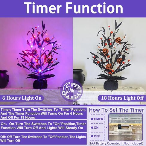 TURNMEON Timer 18" Halloween Tree Decoration with Purple Orange String Lights Total 6.5 Ft 20 LEDs 4 3D Glittered Pumpkin Berried Halloween Decoration Indoor for Fireplace Mantel in Saudi Arabia