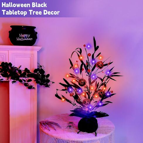TURNMEON Timer 18" Halloween Tree Decoration with Purple Orange String Lights Total 6.5 Ft 20 LEDs 4 3D Glittered Pumpkin Berried Halloween Decoration Indoor for Fireplace Mantel in Saudi Arabia