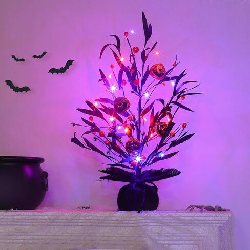 TURNMEON Timer 18" Halloween Tree Decoration with Purple Orange String Lights Total 6.5 Ft 20 LEDs 4 3D Glittered Pumpkin Berried Halloween Decoration Indoor for Fireplace Mantel in Saudi Arabia
