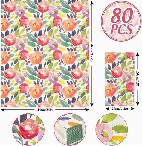 80 Pack Floral Paper Napkins Disposable Vintage Wildflower Luncheon Napkins 6.5 x 6.5"Retro Floral Dessert Dinner Hand Napkin for Birthday Wedding Baby Shower Bridal Shower Supplies (Flower Butterfly) in Saudi Arabia