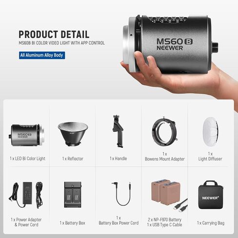 NEEWER MS60B 65W COB LED Video Light with 2.4G/APP Control, 2X 7800mAh NP-F970 Battery PD Fast Charging, 2700K-6500K, PWM Dimming, 40000lux/1m, CRI97+/TLCI98+, 12 Scenes, Bowens Mount in Saudi Arabia