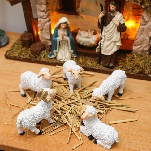 مجموعة حيوانات عيد الميلاد 6 قطع من Barydat، تماثيل حيوانات الأغنام البيضاء مقاس 5 بوصات، مجموعة عيد الميلاد المضيئة بإضاءة LED، ملحقات القرية المضيئة، مجموعات ميلاد منحوتة ومرسومة يدويًا in Kuwait