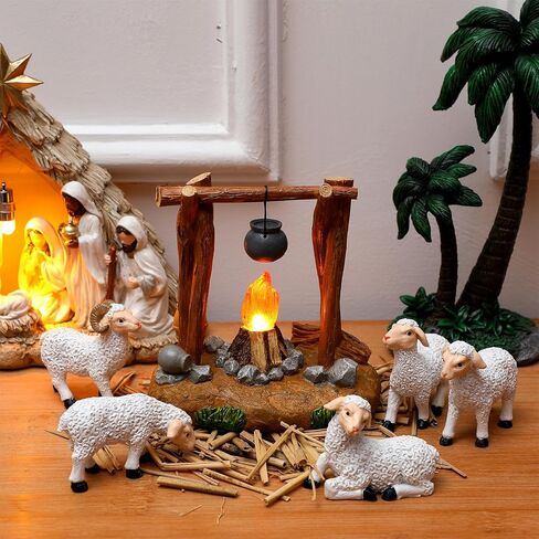 مجموعة حيوانات عيد الميلاد 6 قطع من Barydat، تماثيل حيوانات الأغنام البيضاء مقاس 5 بوصات، مجموعة عيد الميلاد المضيئة بإضاءة LED، ملحقات القرية المضيئة، مجموعات ميلاد منحوتة ومرسومة يدويًا in Kuwait