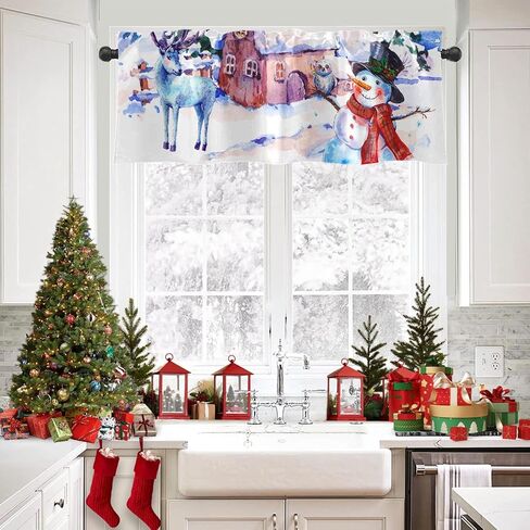 emvency عيد الميلاد الستائر نافذة العلاجات، ثلج الشتاء وستائر التعتيم الرنة الستائر الستارة قابل للتعديل للنوافذ غرفة المعيشة المطبخ فوق الحوض، 18x52 بوصة قضيب جيب الستائر in Kuwait