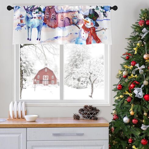 emvency عيد الميلاد الستائر نافذة العلاجات، ثلج الشتاء وستائر التعتيم الرنة الستائر الستارة قابل للتعديل للنوافذ غرفة المعيشة المطبخ فوق الحوض، 18x52 بوصة قضيب جيب الستائر in Kuwait