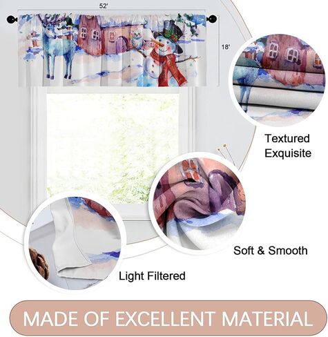 emvency عيد الميلاد الستائر نافذة العلاجات، ثلج الشتاء وستائر التعتيم الرنة الستائر الستارة قابل للتعديل للنوافذ غرفة المعيشة المطبخ فوق الحوض، 18x52 بوصة قضيب جيب الستائر in Kuwait