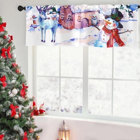 emvency عيد الميلاد الستائر نافذة العلاجات، ثلج الشتاء وستائر التعتيم الرنة الستائر الستارة قابل للتعديل للنوافذ غرفة المعيشة المطبخ فوق الحوض، 18x52 بوصة قضيب جيب الستائر in Kuwait