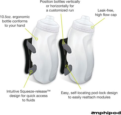 نظام الترطيب Amphipod RunLite Xtech، زجاجات مياه Hydraform مزدوجة سعة 10.5 أونصة للجري والماراثون والتدريب على التحمل (غطاء ضغط Jett) - أخضر أمبير/فحمي - 2 × 10.5 أونصة in Saudi Arabia